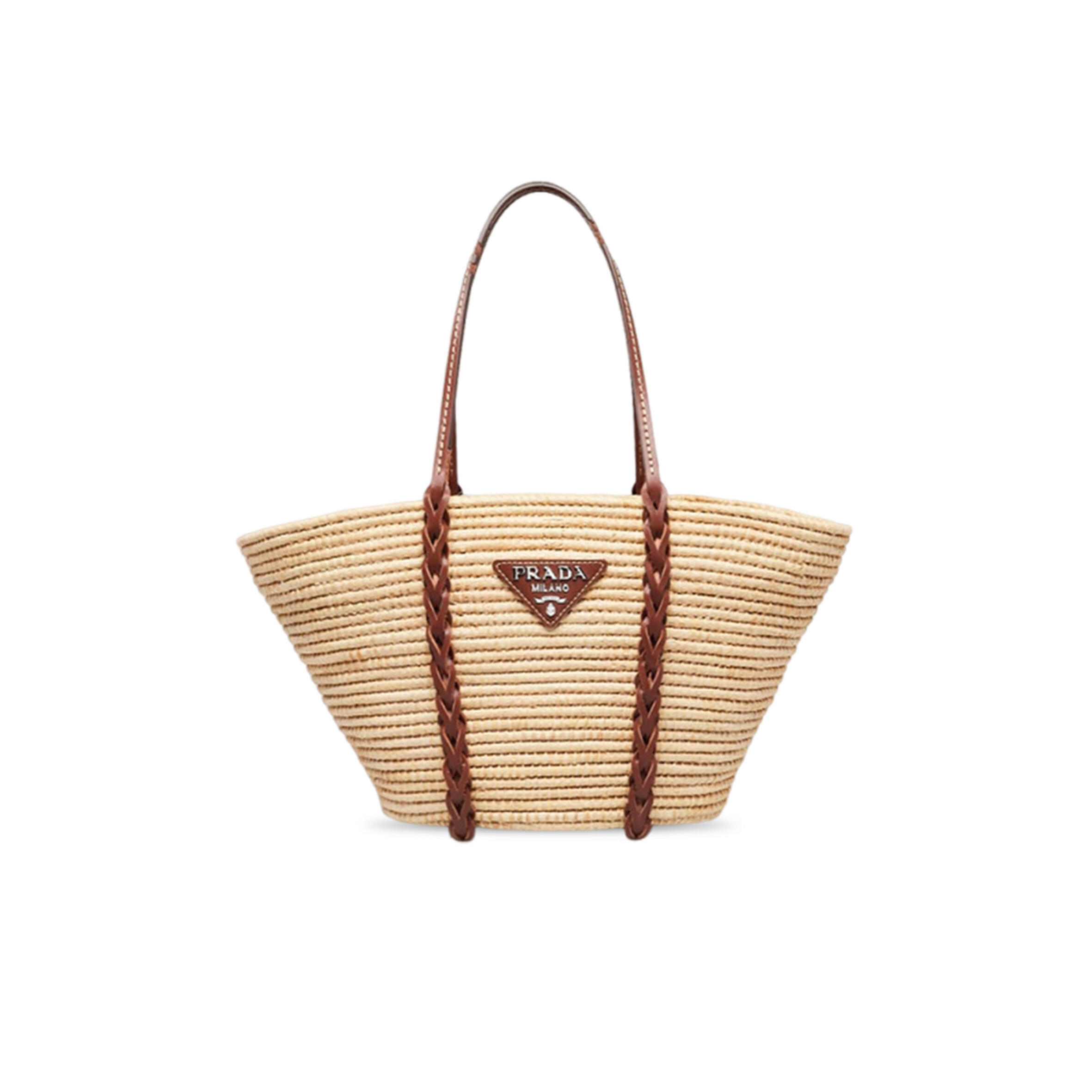 Pra*a beige brown raffia leather basket tote bag (48*27*17cm)